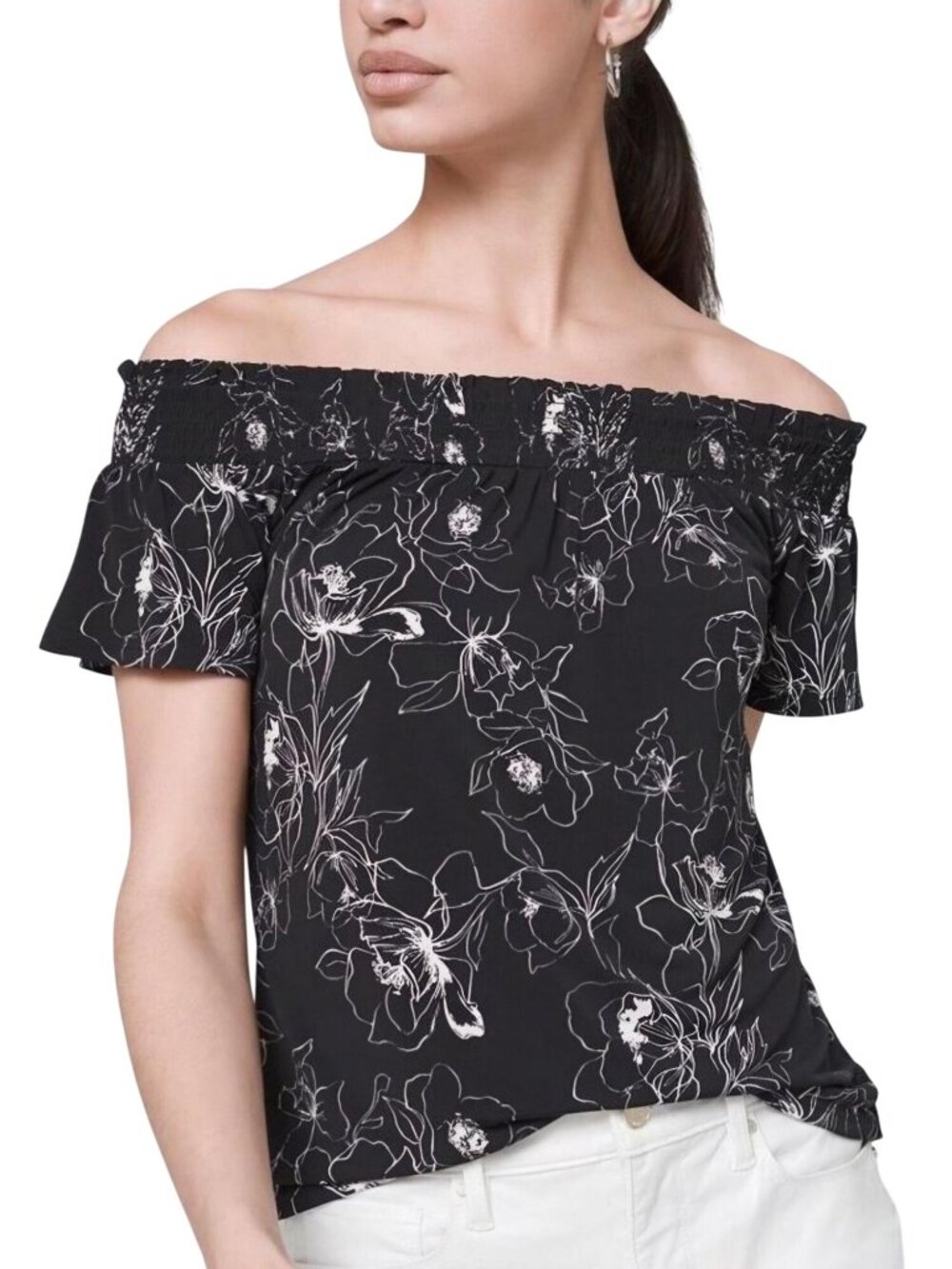 White House Black Market Off Shoulder Bohemian Black White jersey Size S